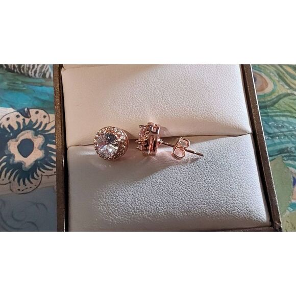 Elegant New Round Cut Halo Design Sim Diamond Stud Earrings~14K Rose Gold/925SS - Picture 2 of 2